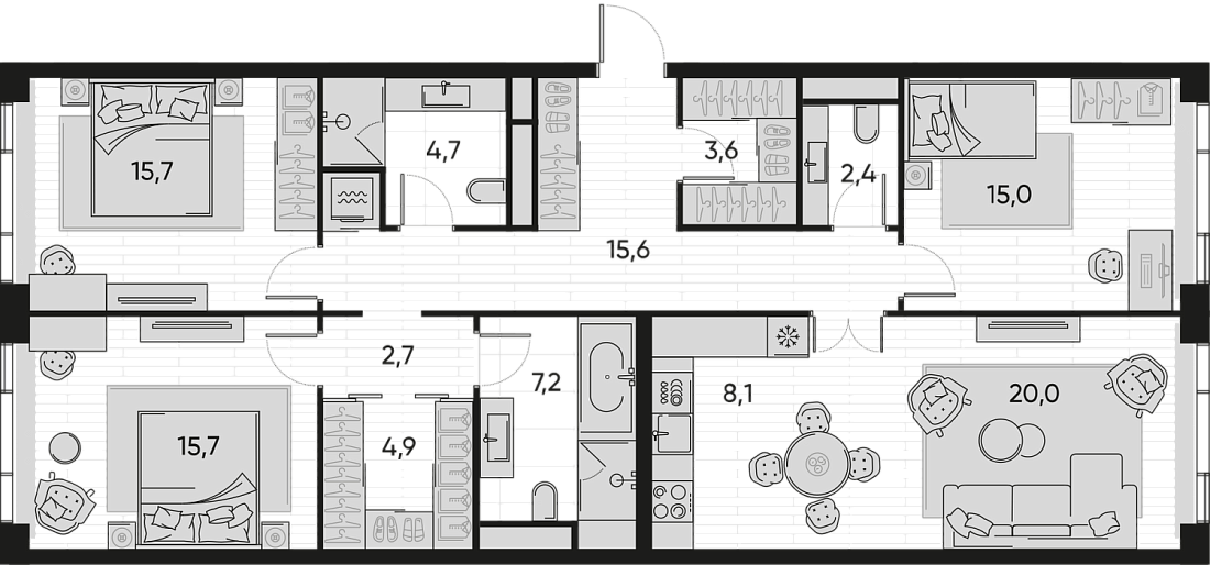 Планировка Квартира с 3 спальнями 115.6 м2 в ЖК Pride