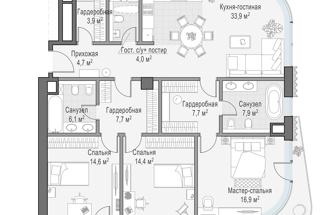 Квартира с 3 спальнями 125.3 м2 в ЖК Лаврушинский