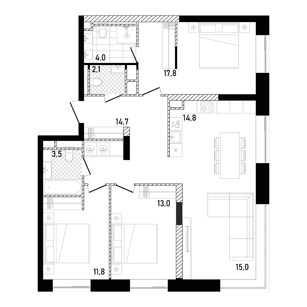 Планировка Квартира с 3 спальнями 96.71 м2 в ЖК Republic