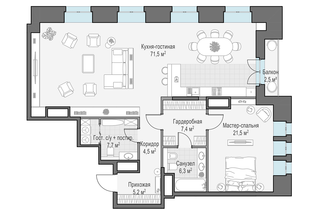Квартира с 3 спальнями 124.3 м2 в ЖК Чистые Пруды