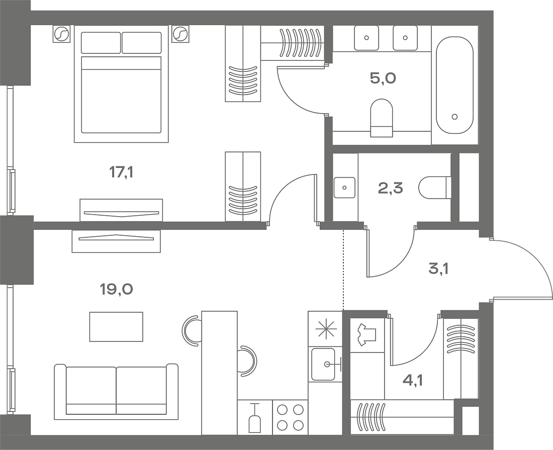 Планировка Квартира с 1 спальней 50.6 м2 в ЖК Soul