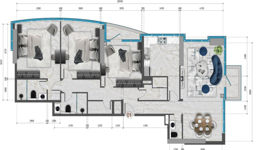 Планировка 3-комнатная квартира 157.1 м2 в ЖК Renad Tower 