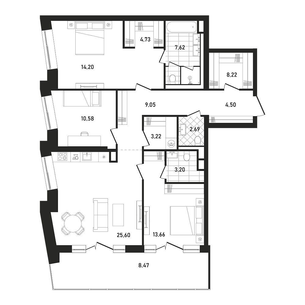 Планировка Квартира с 3 спальнями 115.74 м2 в ЖК Republic