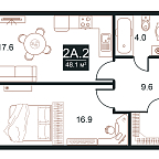 Планировка Апартаменты с 1 спальней 48.1 м2 в ЖК West Tower