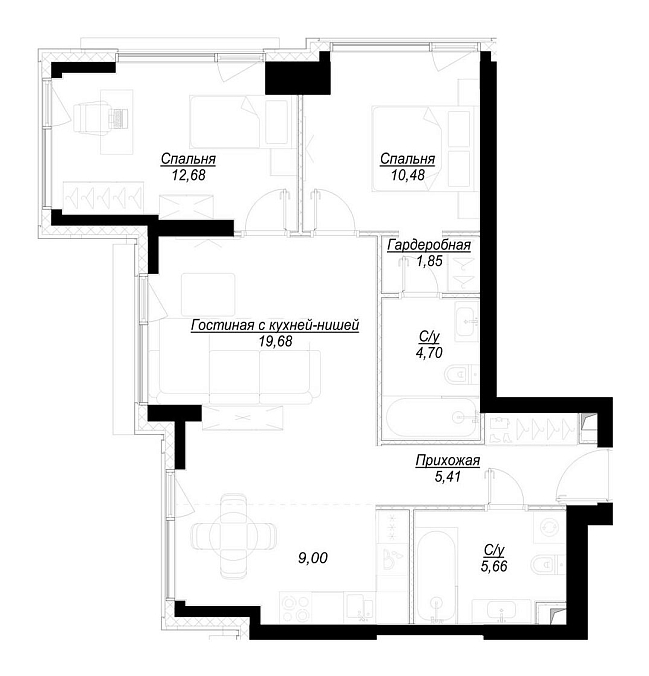 Layout picture 3-rooms from 60.43 m2