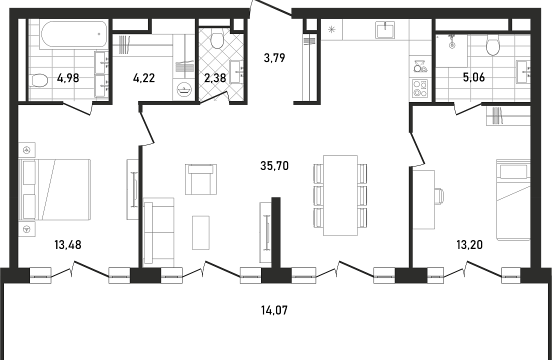 Квартира с 2 спальнями 96.57 м2 в ЖК Republic