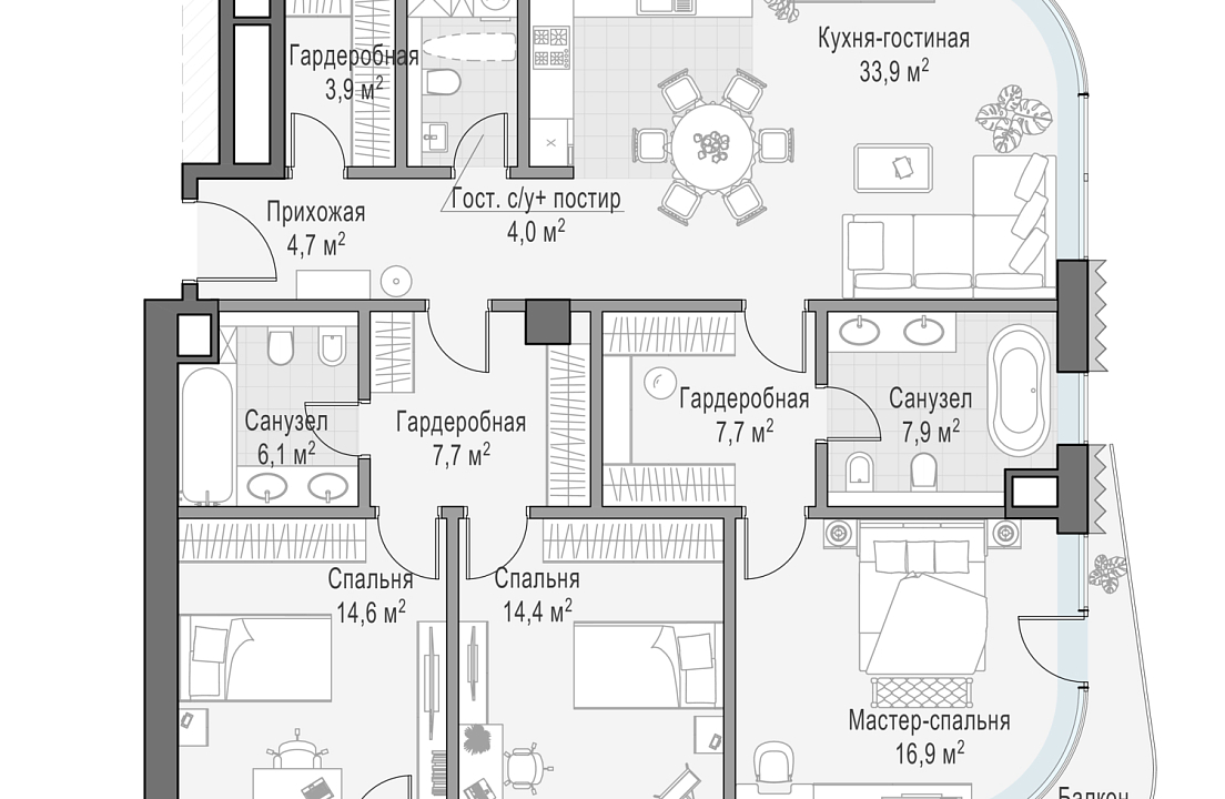Квартира с 3 спальнями 125.2 м2 в ЖК Лаврушинский