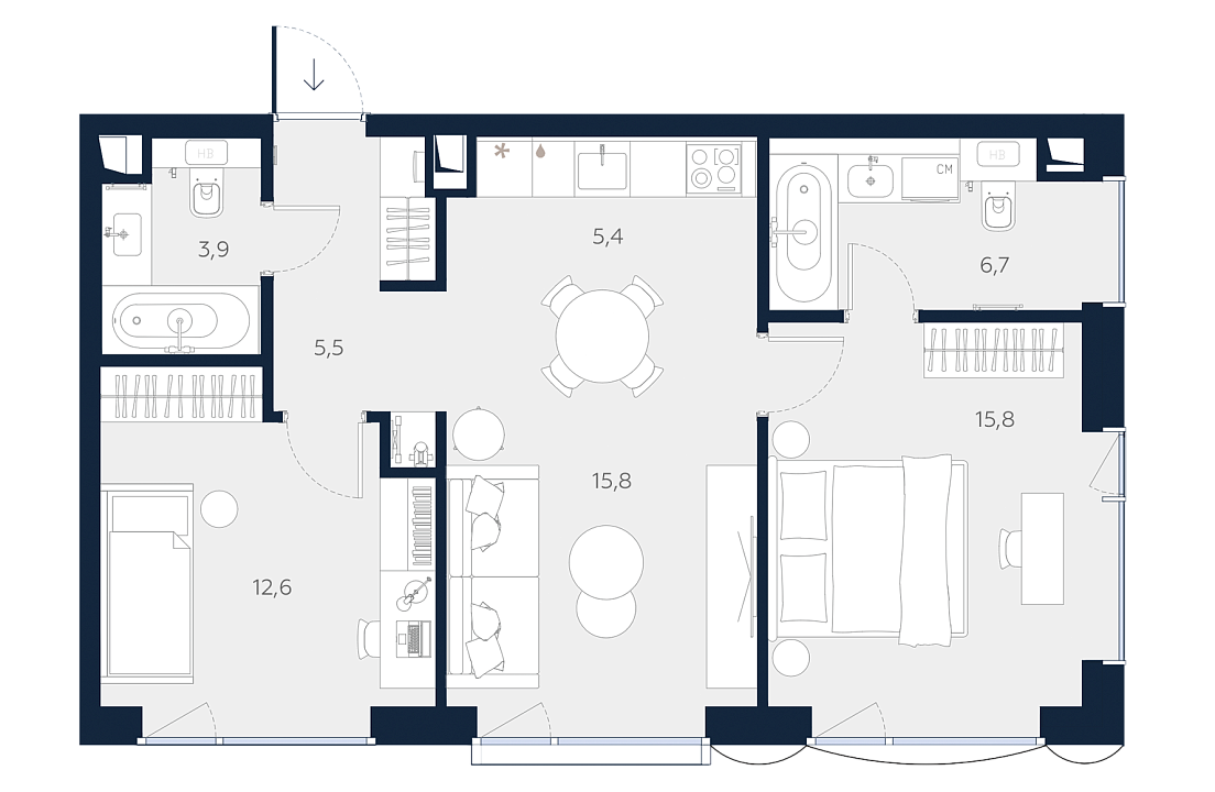 Апартаменты с 2 спальнями 63.7 м2 в ЖК Logos