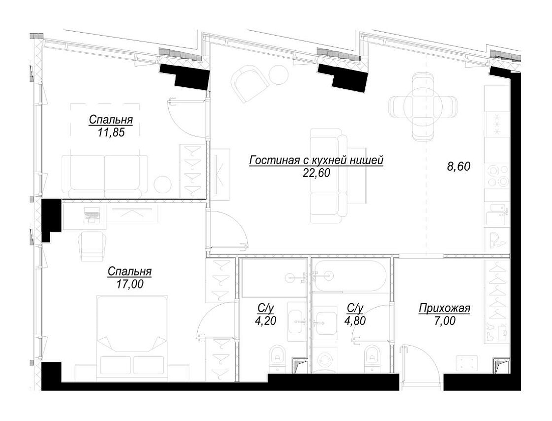 Планировка Квартира с 2 спальнями 76.04 м2 в ЖК Hide