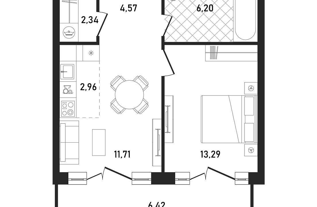 Квартира с 2 спальнями 47.49 м2