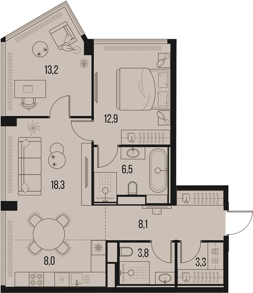 Планировка Квартира с 2 спальнями 74.2 м2 в ЖК High Life
