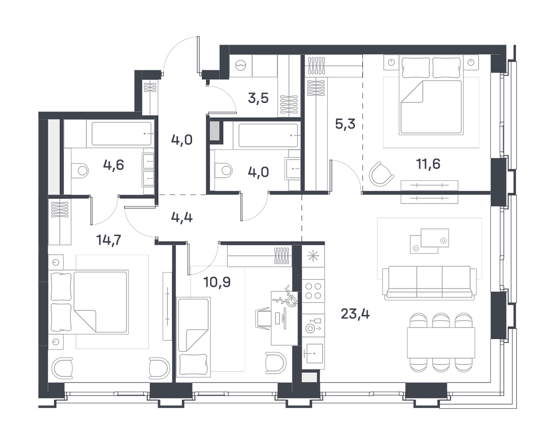 Планировка Квартира с 3 спальнями 86.4 м2 в ЖК Portland
