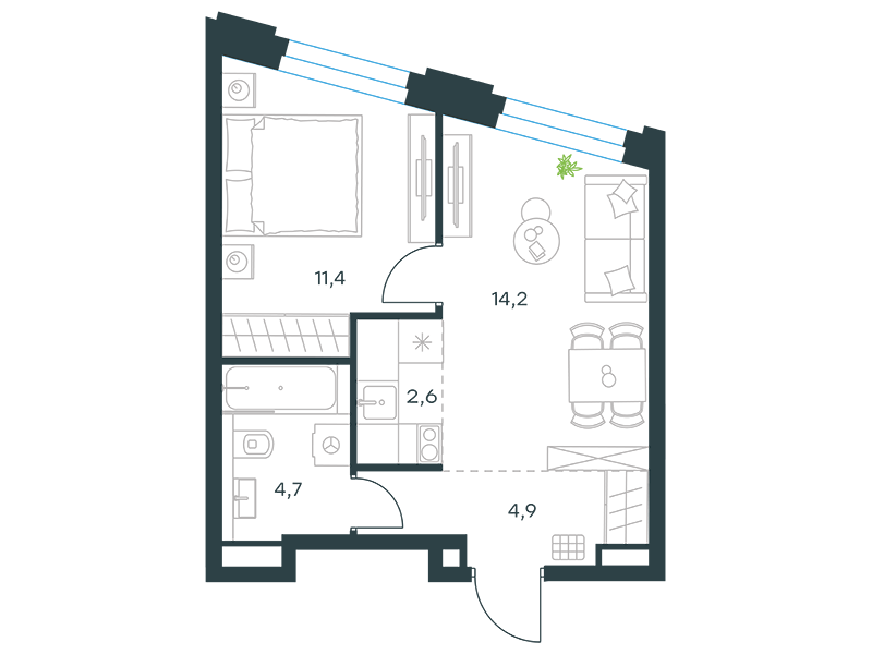 Планировка Квартира с 1 спальней 37.8 м2 в ЖК Level Нагатинская
