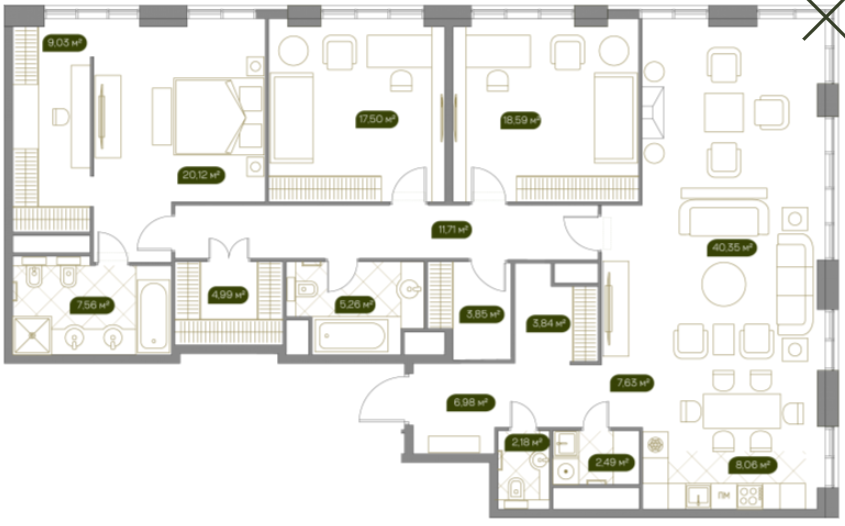 Планировка Квартира с 4 спальнями 171.3 м2 в ЖК West Garden