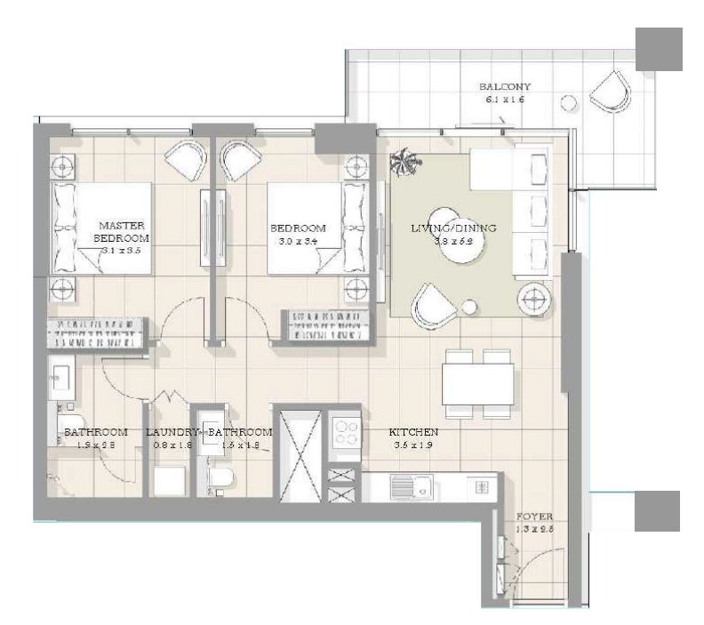 Планировка 2-комнатная квартира 90.6 м2 в ЖК Bluewaters Bay