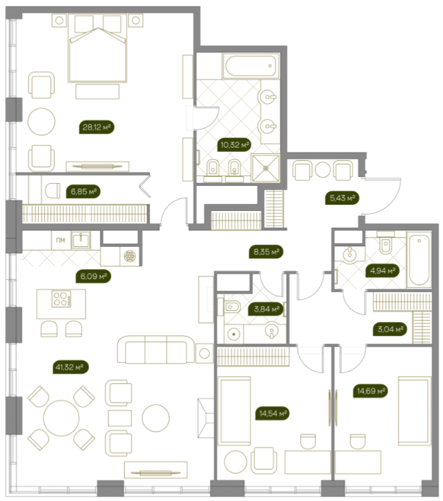 Планировка Квартира с 4 спальнями 149 м2 в ЖК West Garden