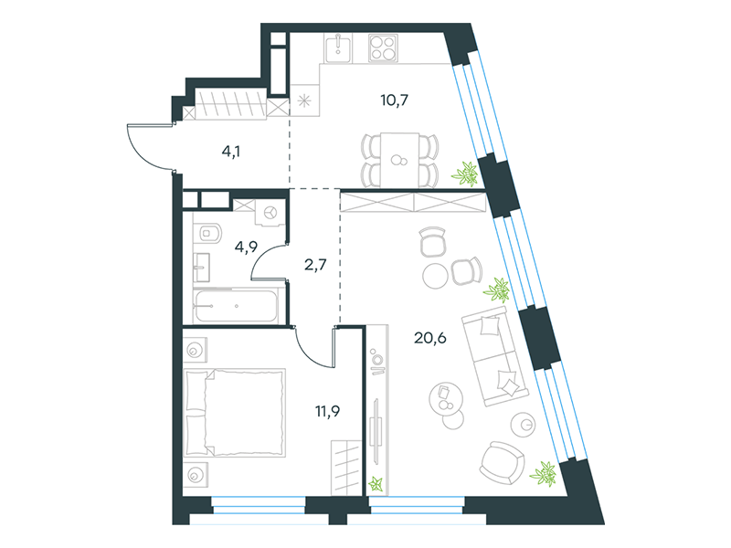 Планировка Квартира с 1 спальней 54.9 м2 в ЖК Level Нагатинская