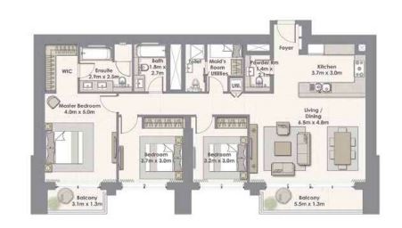 Планировка 3-комнатная квартира 149.1 м2 в ЖК Harbour Views Apartments