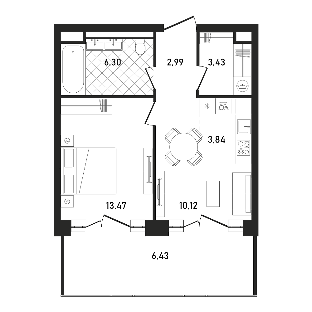 Планировка Квартира с 1 спальней 46.58 м2 в ЖК Republic