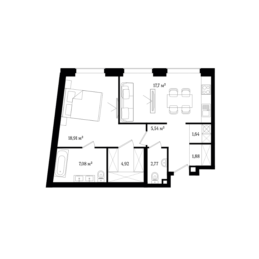 Планировка Апартаменты с 1 спальней 60.44 м2 в ЖК Vernissage