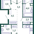 Планировка Квартира с 3 спальнями 90 м2 в ЖК Shagal