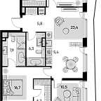 Планировка Квартира с 3 спальнями 108.6 м2 в ЖК Pride