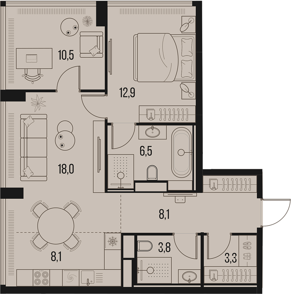 Планировка Квартира с 2 спальнями 71.3 м2 в ЖК High Life