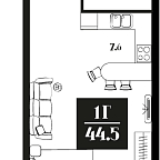 Планировка Апартаменты с 1 спальней 44.5 м2 в ЖК Deco Residence